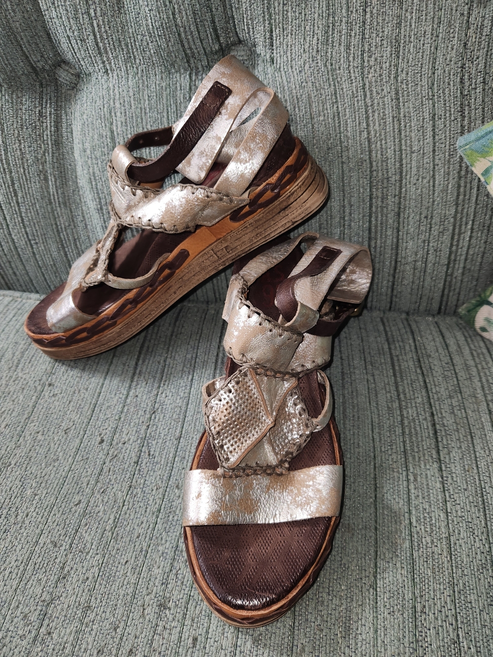 🍉A.S.98 Lagos Metallic Silver and Brown Leather Wedge Sandals - Picture 6 of 6